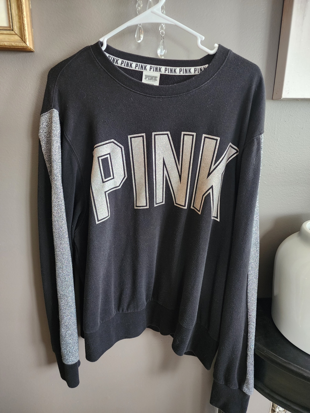PINK Black Crewneck Sweatshirt with Silver Glitter Sleeve Stripes